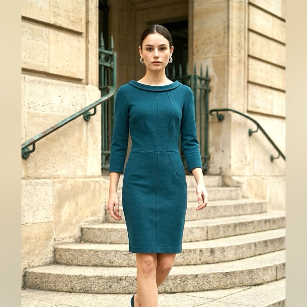 Boden Teal Dress Women’s S 6 zipper back Textured Stretch Career Classic Midi